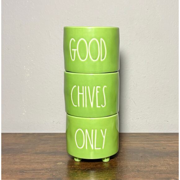 Rae Dunn “Only Good Chives” Set  Classic Green  Stackable Bowls 4” - Picture 1 of 9